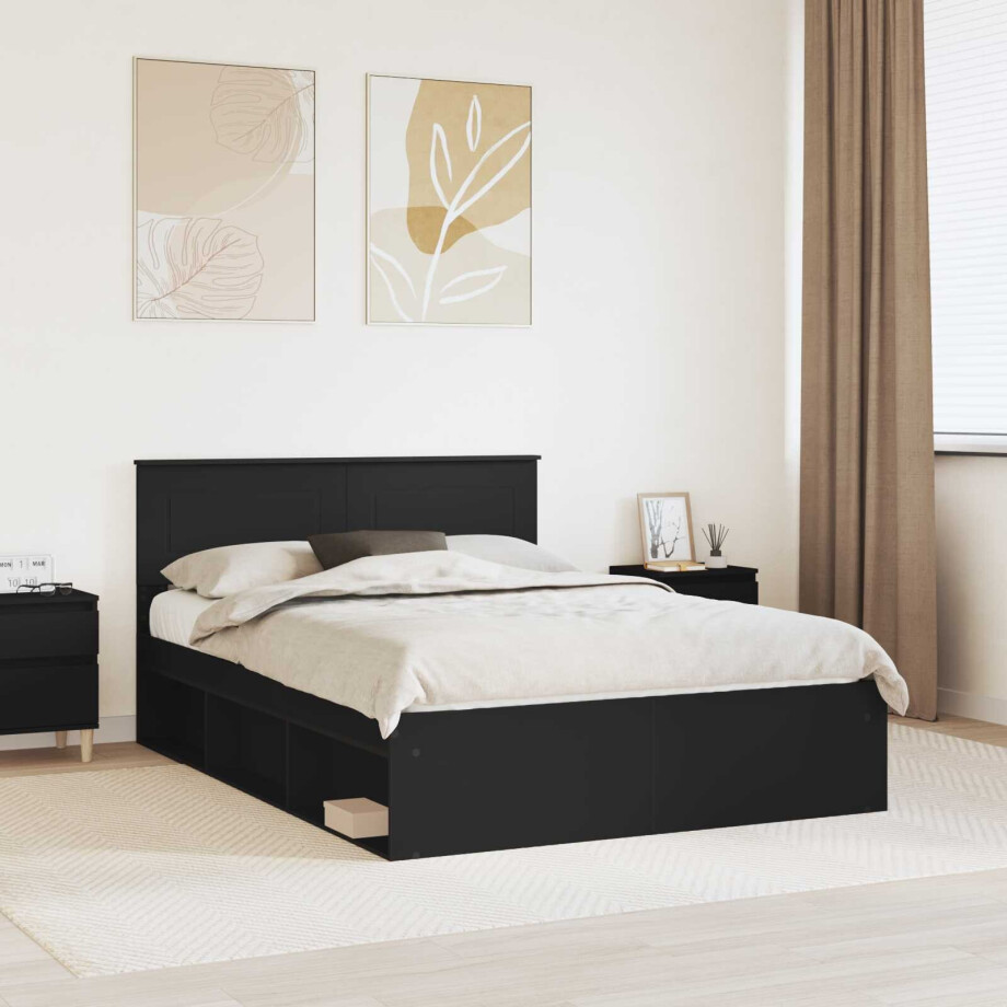 vidaXL Bedframe met hoofdeinde Zwart 160 x 200 cm Bewerkt hout afbeelding 1