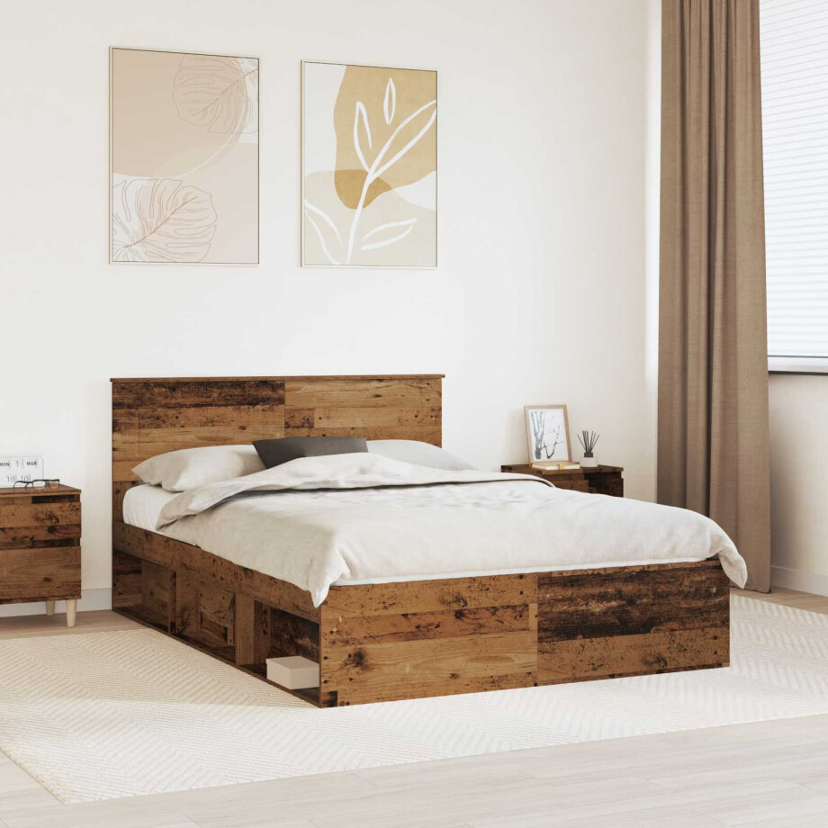 vidaXL Bedframe met hoofdeinde Oudhout 140 x 200 cm Bewerkt hout afbeelding 1
