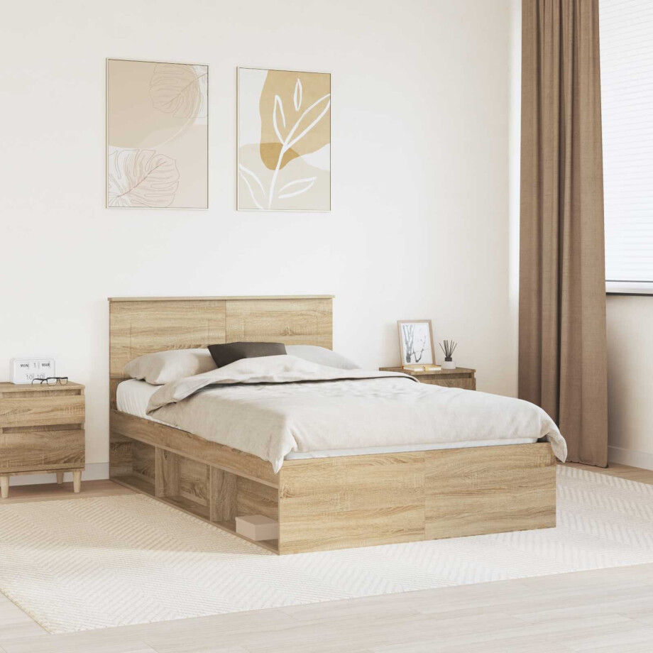 vidaXL Bedframe met hoofdeinde Sonoma Eiken 135 x 190 cm Bewerkt hout afbeelding 1