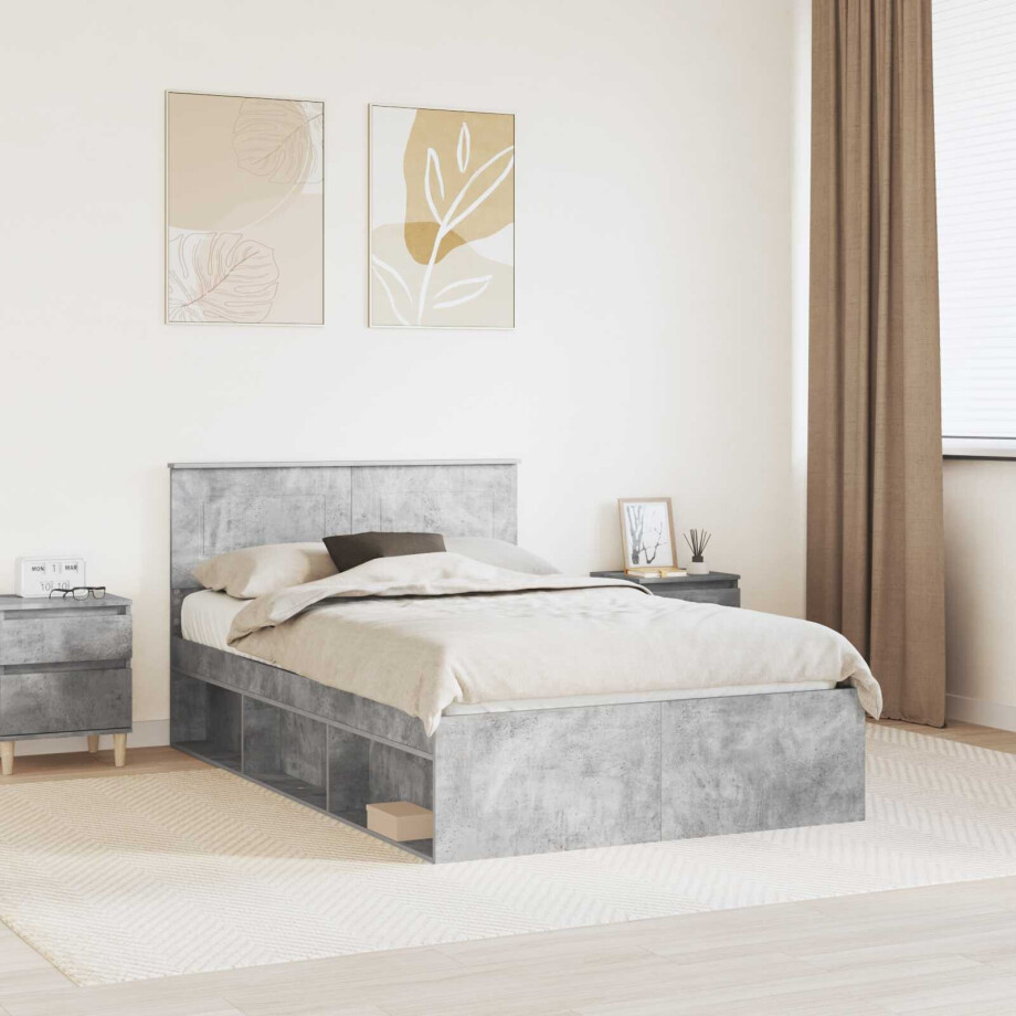 vidaXL Bedframe met hoofdeinde Beton 120 x 200 cm Bewerkt hout afbeelding 1