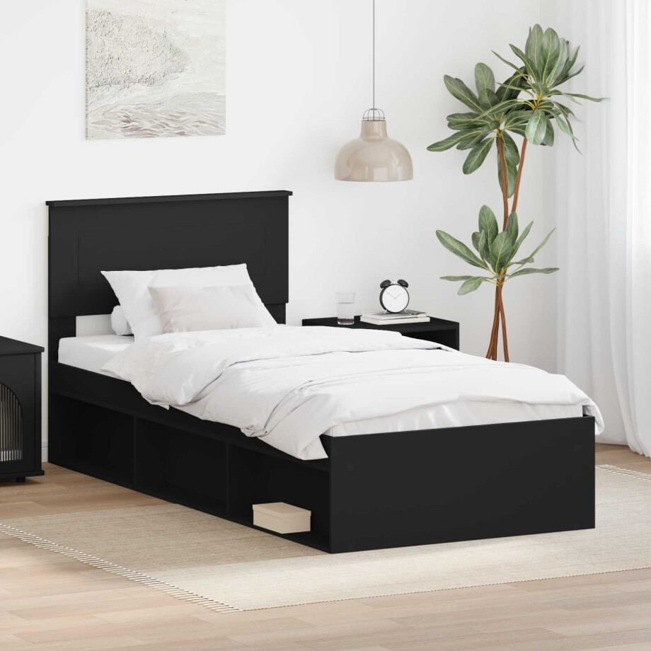 vidaXL Bedframe met hoofdeinde Zwart 90 x 200 cm Bewerkt hout vidaXL Bedframe met hoofdeinde Zwart 90 x 200 cm Bewerkt hout afbeelding 1