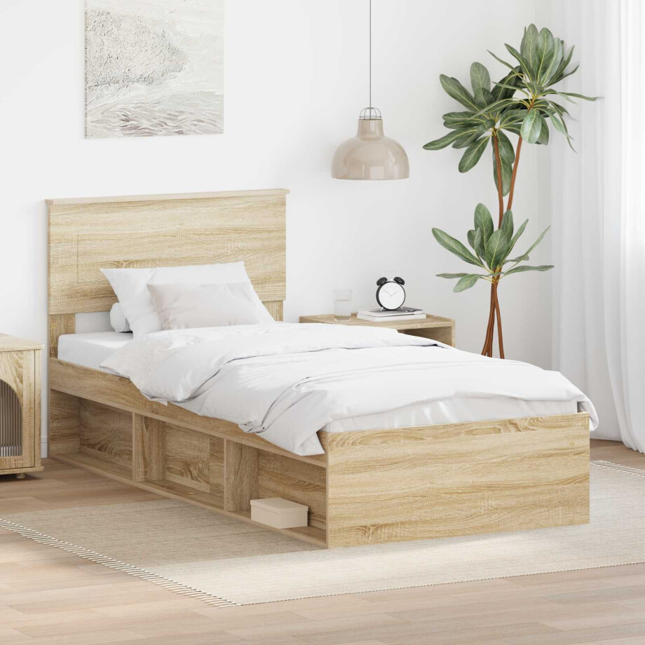 vidaXL Bedframe met hoofdeinde Sonoma Eiken 75 x 190 cm Bewerkt hout afbeelding 1