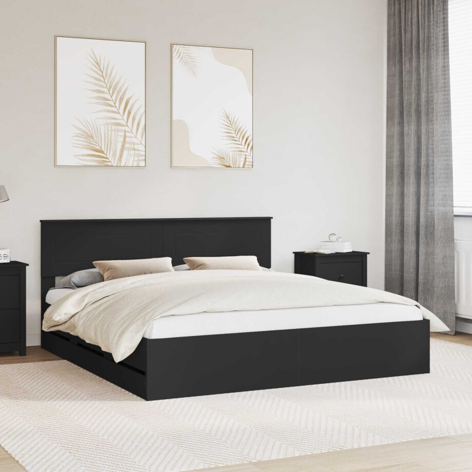 vidaXL Bedframe met lade met opslag Zwart 200 x 200 cm Ingenieurshout afbeelding 1