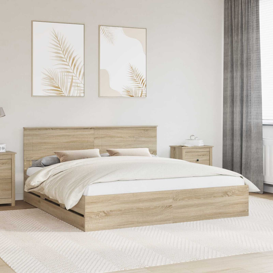 vidaXL Bedframe met lade Sonoma Eiken 200 x 200 cm Ingenieurshout afbeelding 1