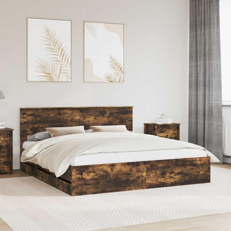 vidaXL Bedframe met lade Gerookt eiken 200 x 200 cm Ingenieurshout afbeelding 1