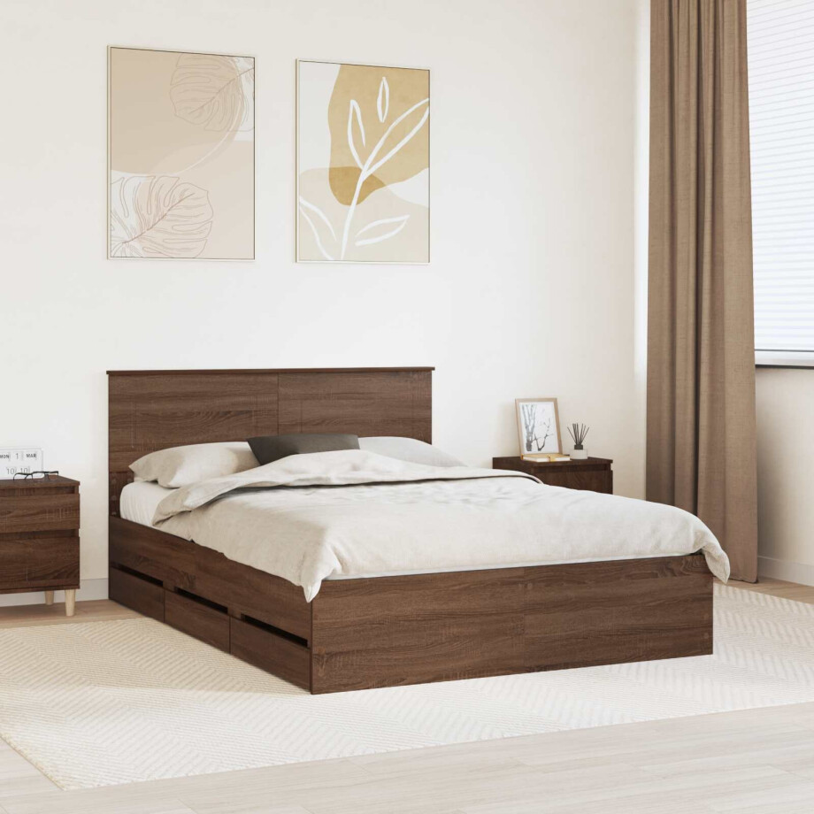 vidaXL Bedframe met lade Bruin Eiken 140 x 190 cm Ingenieurshout afbeelding 1