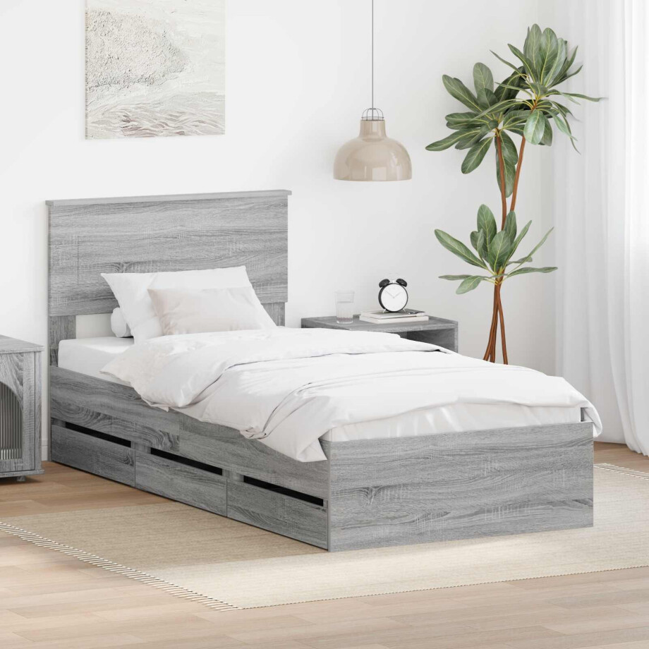 vidaXL Bedframe met lade Grijs Sonoma 90 x 190 cm Ingenieurshout afbeelding 1