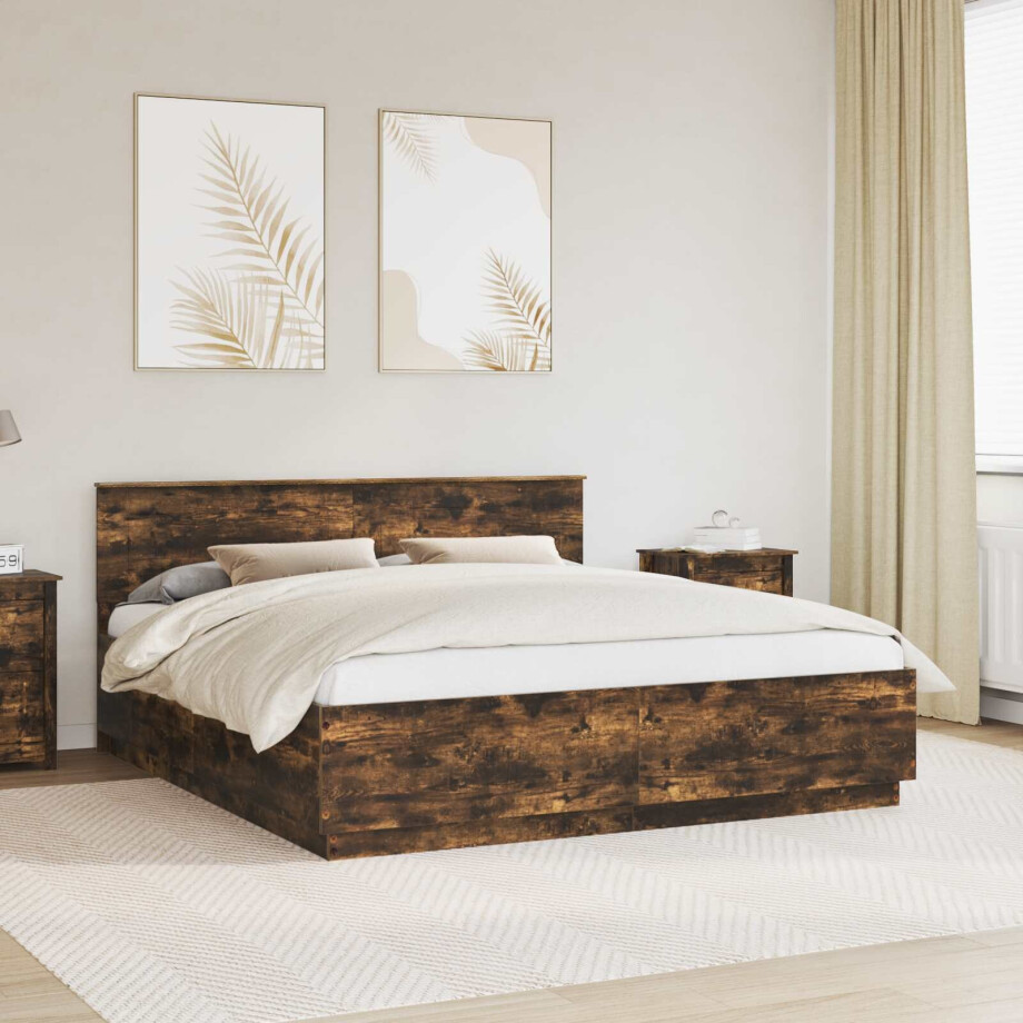vidaXL Bedframe met hoofdeinde Gerookt eiken 200 x 200 cm Bewerkt hout afbeelding 1