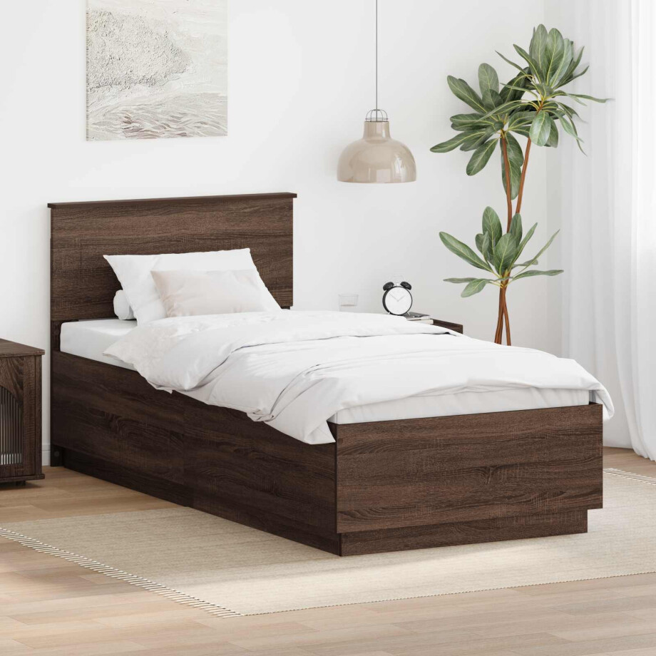 vidaXL Bedframe met hoofdeinde Bruin Eiken 90 x 190 cm Bewerkt hout afbeelding 1
