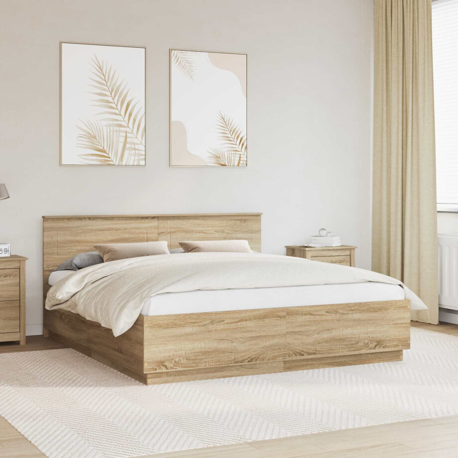 vidaXL Bedframe met hoofdeinde Sonoma Eiken 200 x 200 cm Bewerkt hout afbeelding 1
