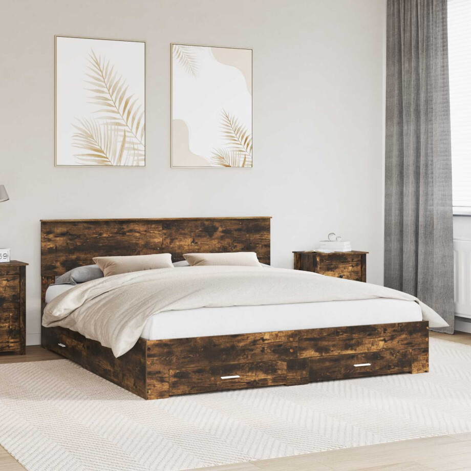 vidaXL Bedframe met hoofdeinde Gerookt eiken 180 x 200 cm Bewerkt hout afbeelding 1