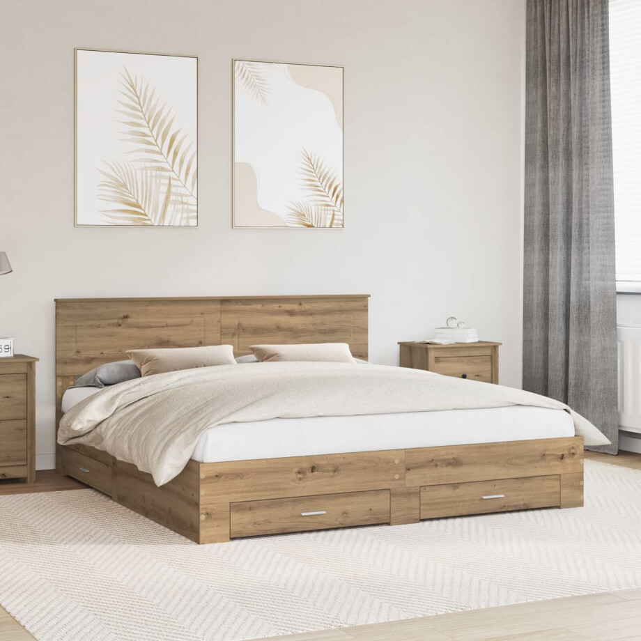 vidaXL Bedframe met hoofdeinde Artisan Eiken 180 x 200 cm Bewerkt hout afbeelding 1