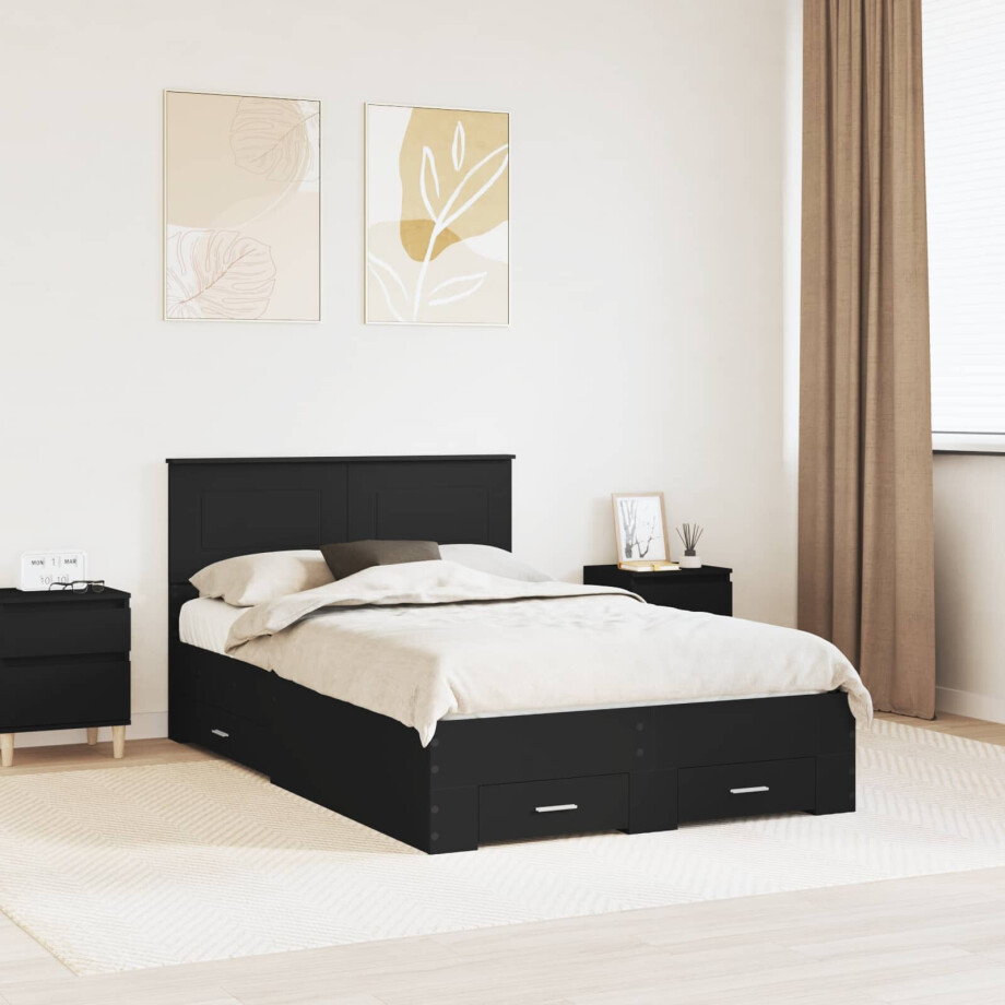 vidaXL Bedframe met hoofdeinde Zwart 135 x 190 cm Bewerkt hout afbeelding 1