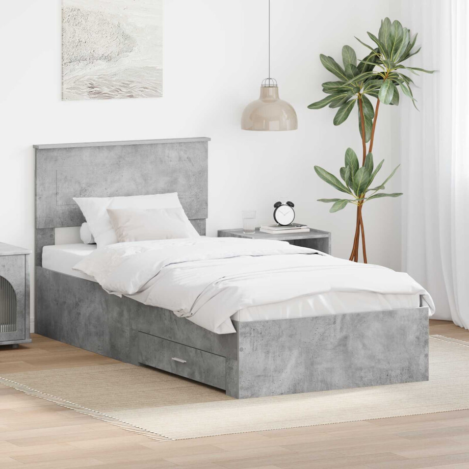 vidaXL Bedframe met hoofdeinde Beton Grijs 90 x 190 cm Bewerkt hout afbeelding 1