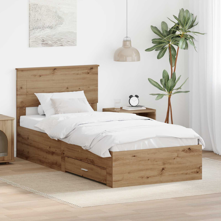 vidaXL Bedframe met hoofdeinde Artisan Eiken 90 x 200 cm Bewerkt hout afbeelding 1