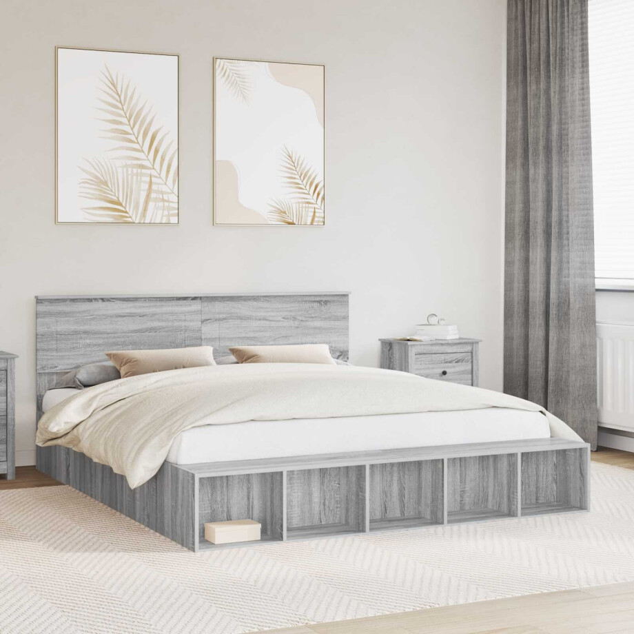 vidaXL Bedframe met plank Grijs Sonoma 200 x 200 cm Bewerkt hout afbeelding 1