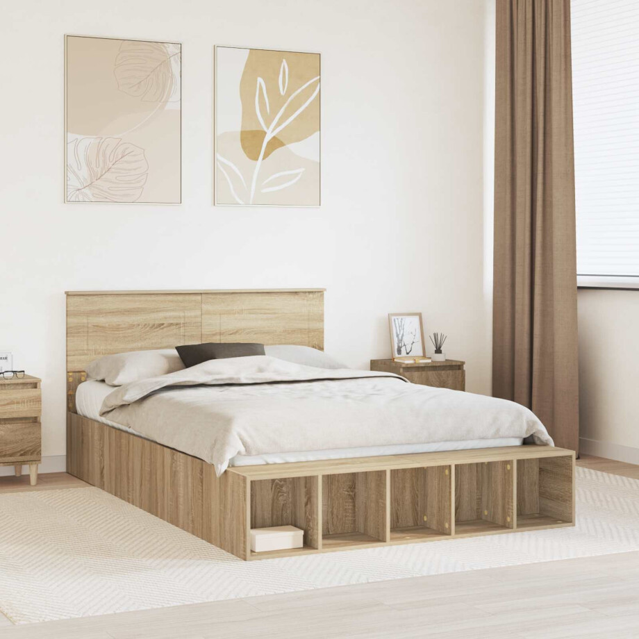 vidaXL Bedframe met plank Sonoma Eiken 160 x 200 cm Bewerkt hout afbeelding 1