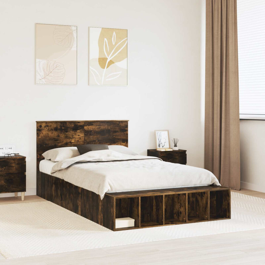 vidaXL Bedframe met plank Gerookt eiken 120 x 190 cm Bewerkt hout afbeelding 1
