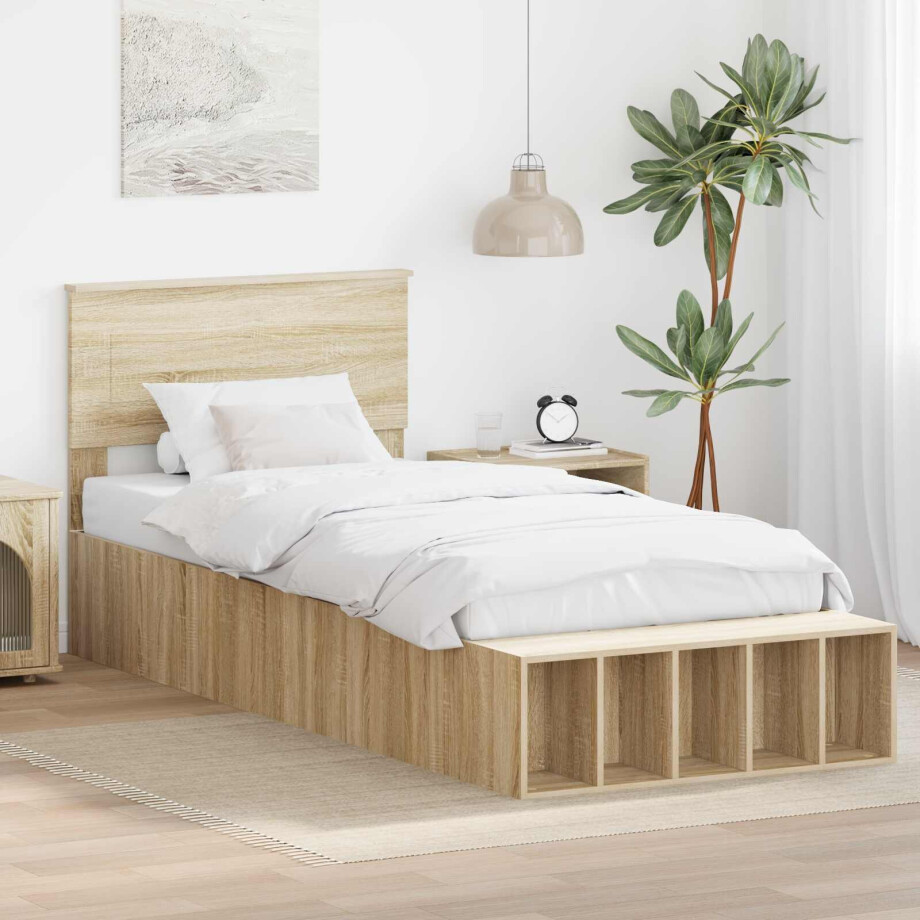 vidaXL Bedframe met plank Sonoma Eiken 90 x 190 cm Bewerkt hout afbeelding 1