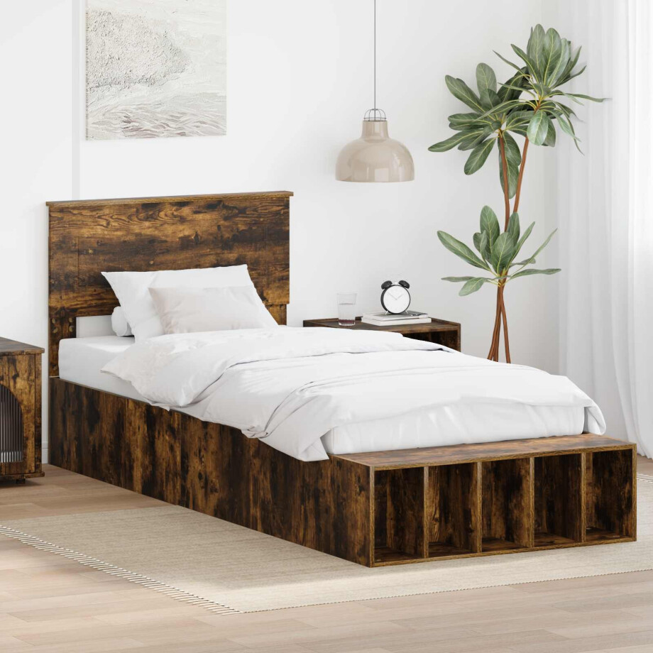 vidaXL Bedframe met plank Gerookt eiken 90 x 200 cm Bewerkt hout afbeelding 1