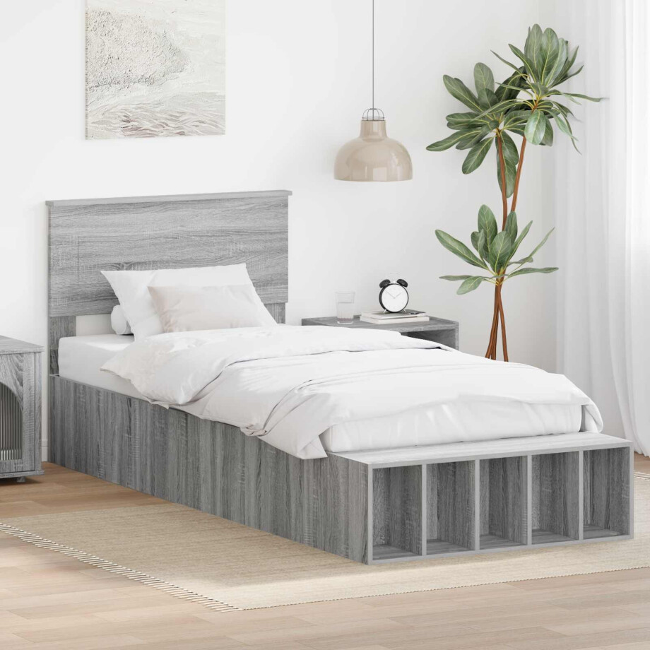 vidaXL Bedframe met plank Grijs Sonoma 90 x 200 cm Bewerkt hout afbeelding 1