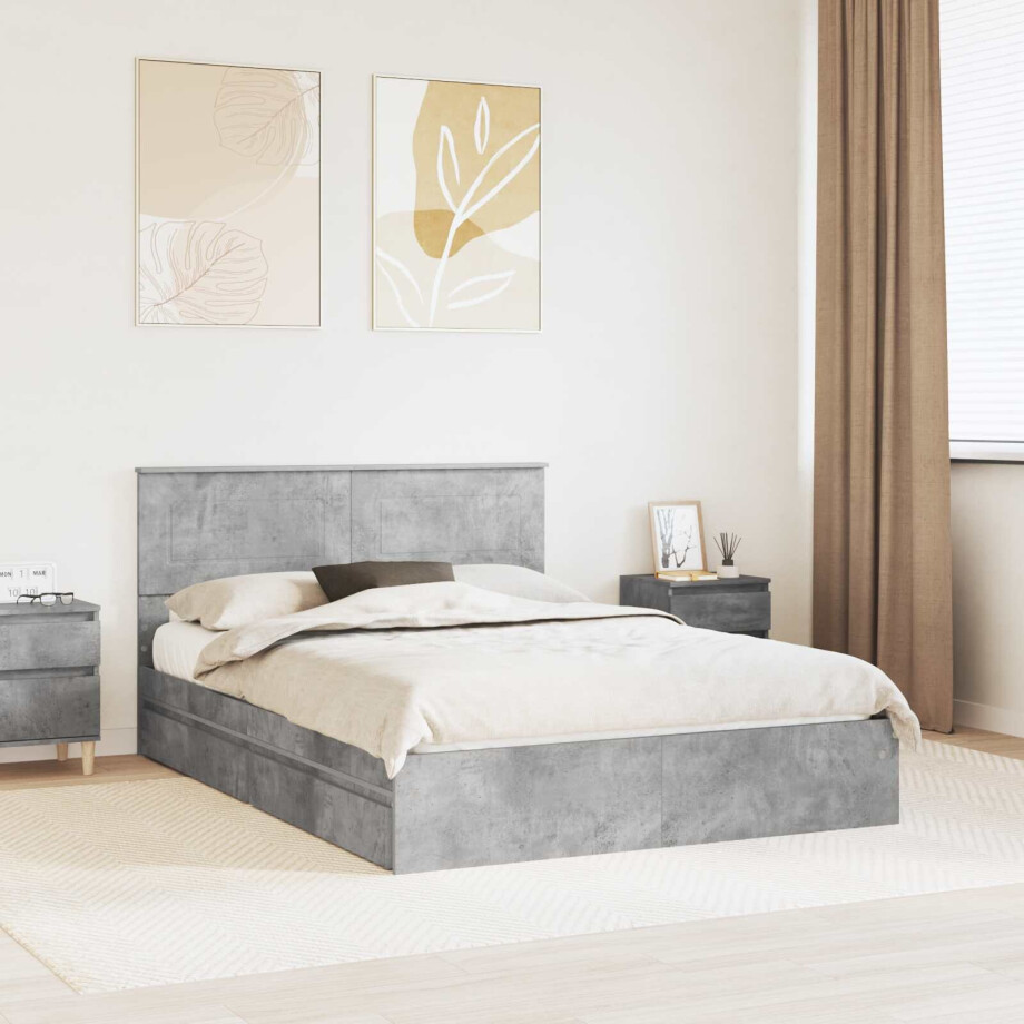 vidaXL Opslag bed met hoofdeinde Beton Grijs 150 x 200 cm Bewerkt hout afbeelding 1