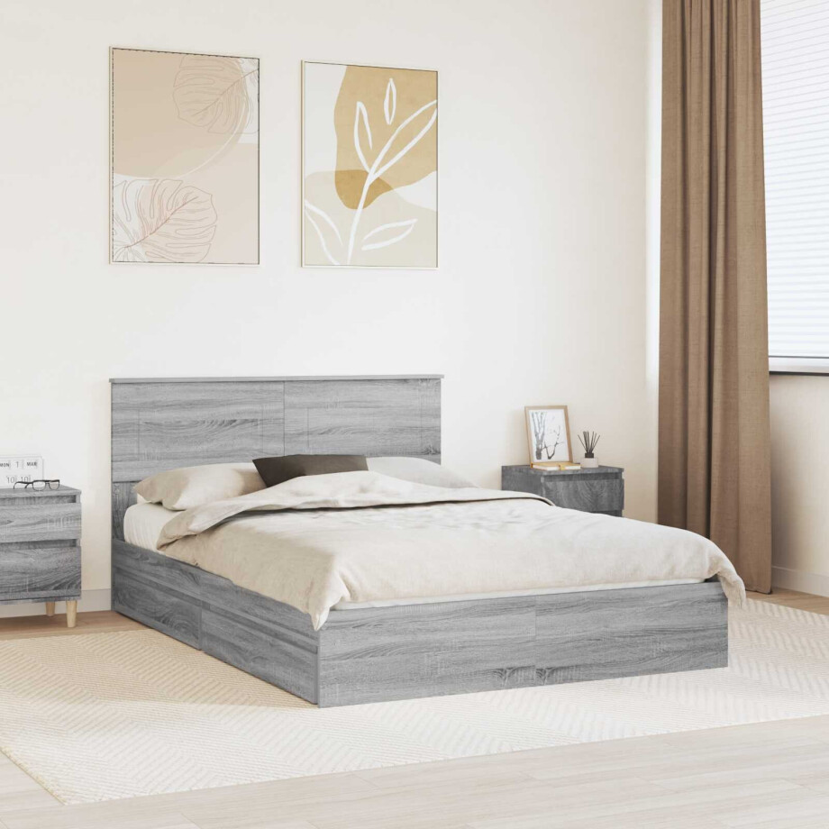 vidaXL Opslag bed met lade Grijs Sonoma 150 x 200 cm Bewerkt hout afbeelding 1
