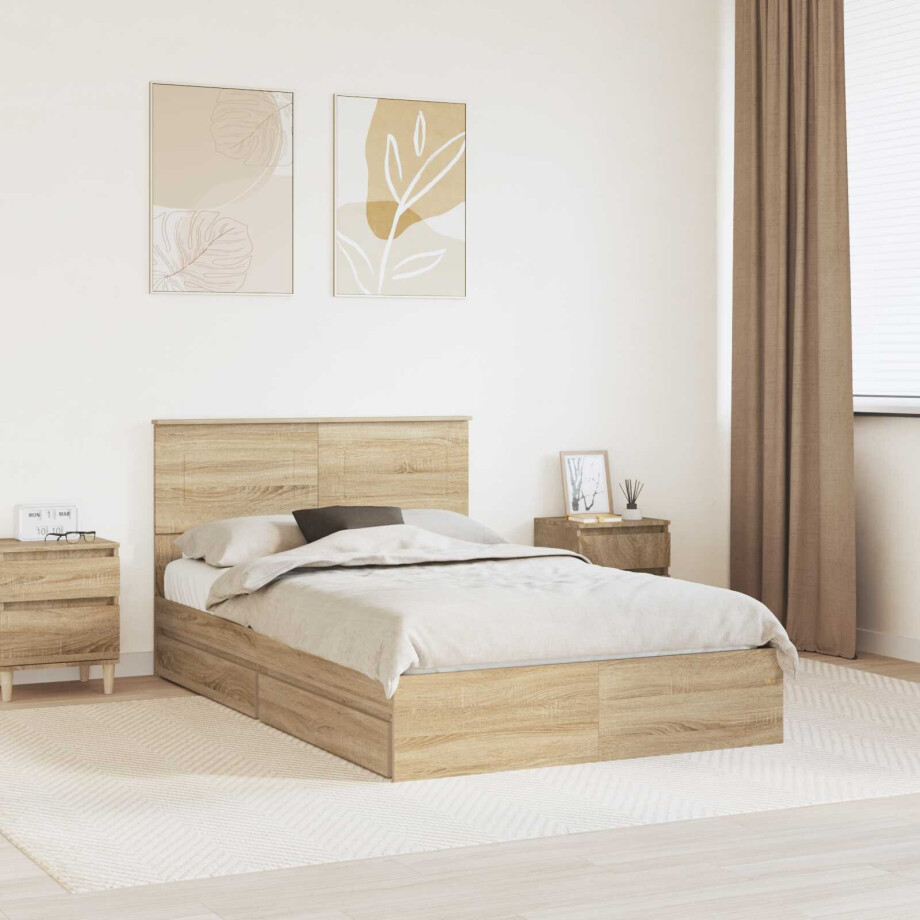 vidaXL Opslag bed met lade Sonoma Eiken 135 x 190 cm Bewerkt hout afbeelding 1