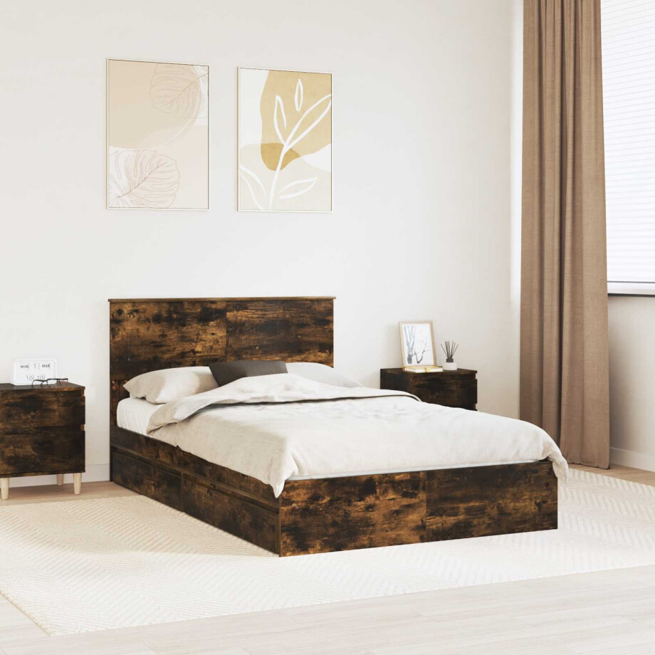 vidaXL Opslag bed met lade Gerookt eiken 120 x 190 cm Bewerkt hout afbeelding 1