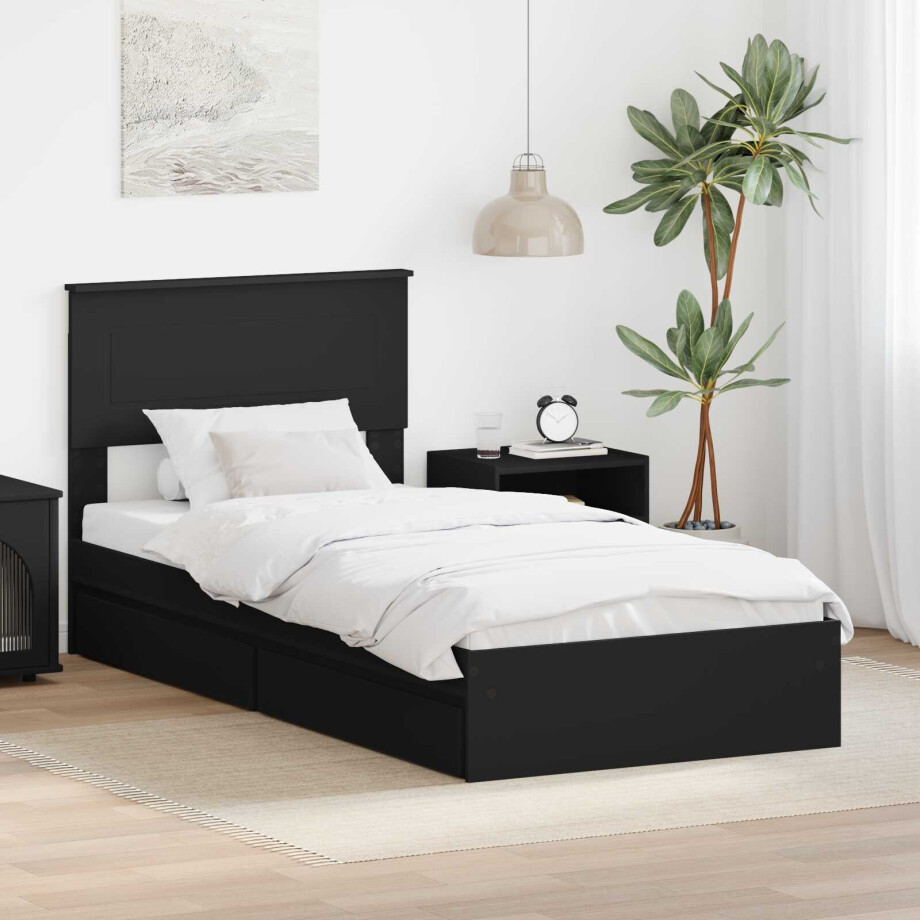 vidaXL Opslag bed met hoofdeinde Zwart 100 x 200 cm Bewerkt hout vidaXL Opslag bed met hoofdeinde Zwart 100 x 200 cm Bewerkt hout afbeelding 1