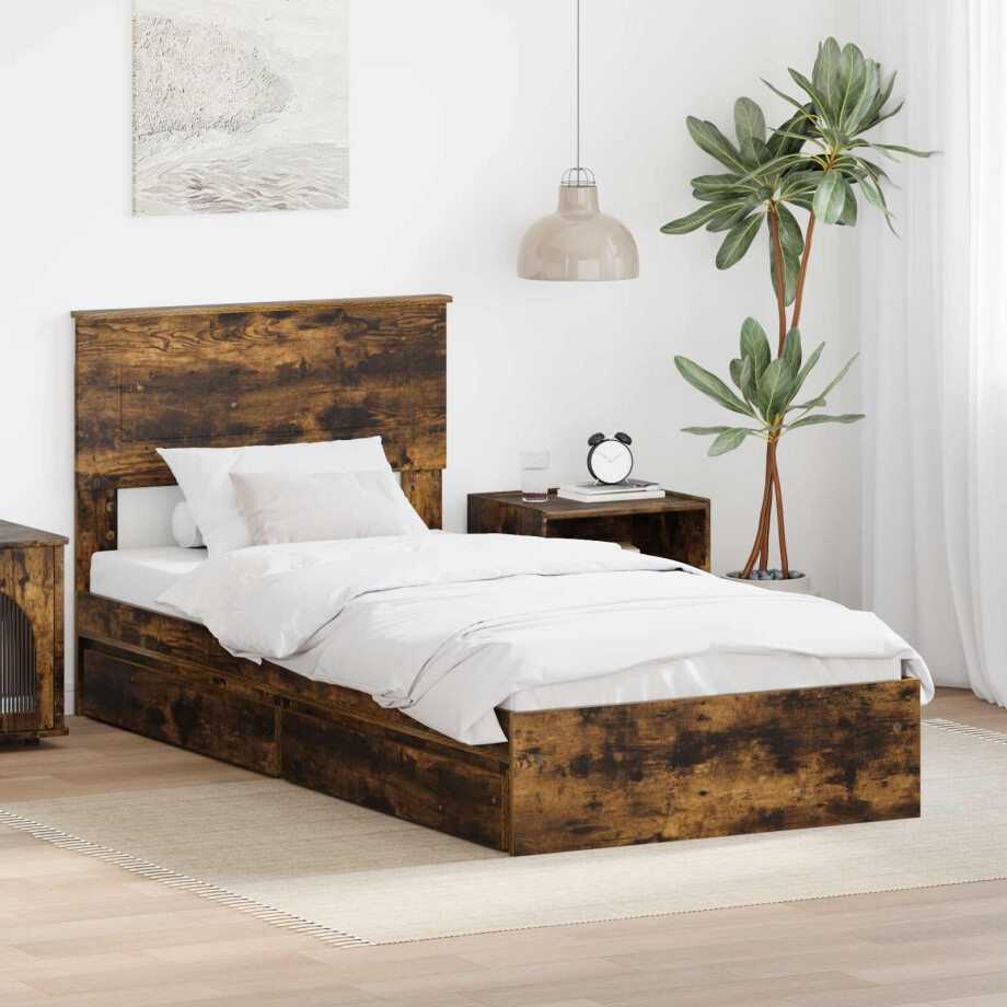 vidaXL Opslag bed met lade Gerookt eiken 90 x 190 cm Bewerkt hout afbeelding 1
