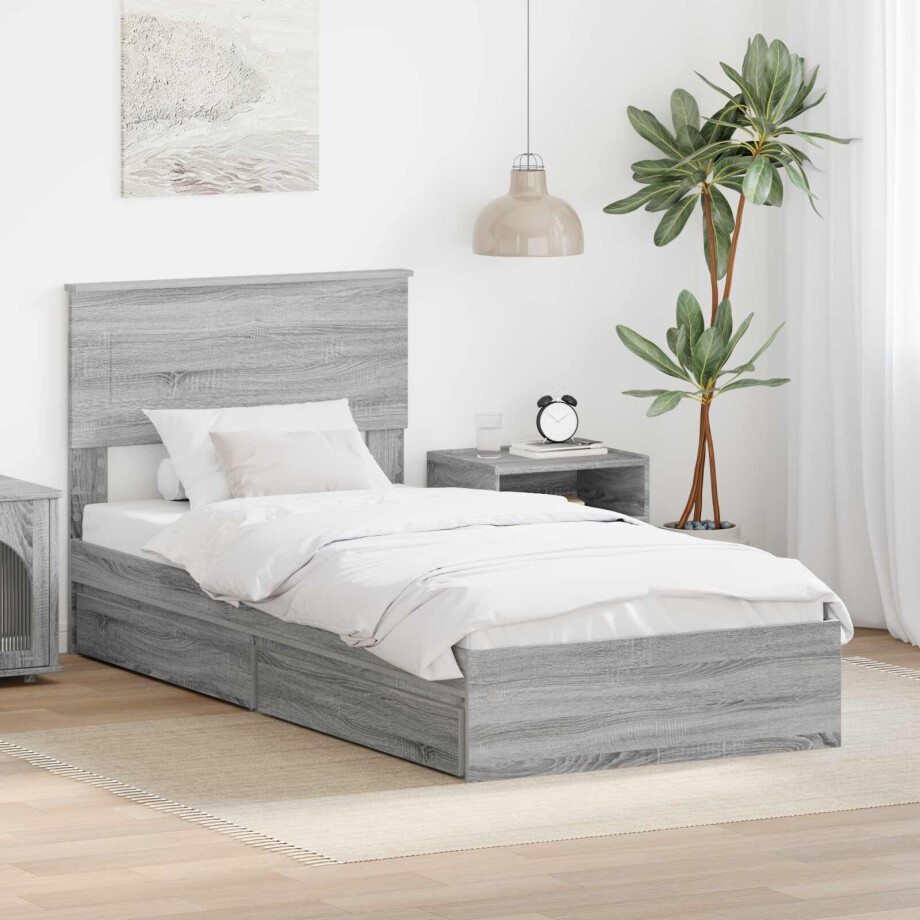 vidaXL Opslag bed met hoofdeinde Grijs Sonoma 90 x 190 cm Bewerkt hout afbeelding 1