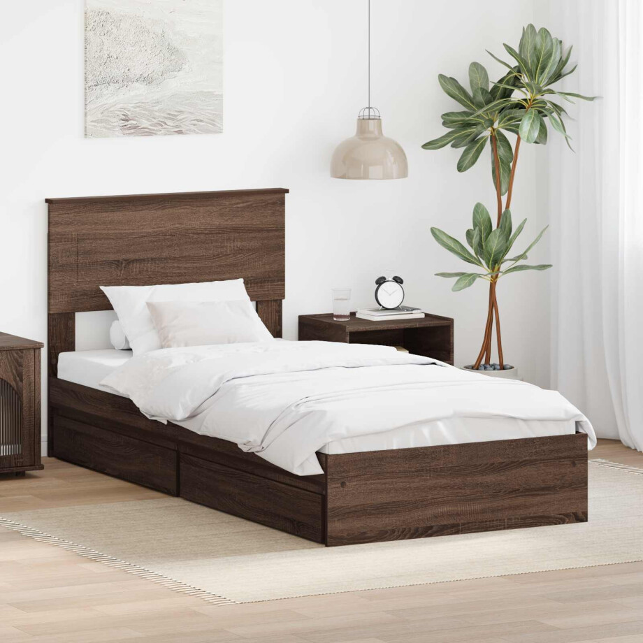 vidaXL Opslag bed met hoofdeinde Bruin Eiken 90 x 190 cm Bewerkt hout afbeelding 1