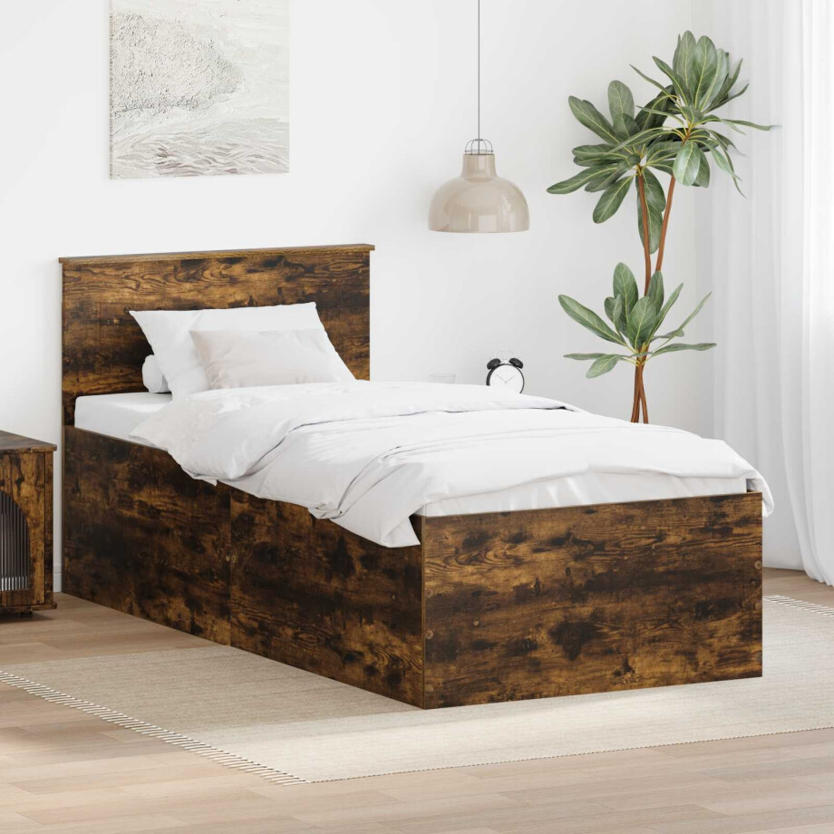 vidaXL Bedframe met hoofdeinde Gerookt eiken 90 x 200 cm Bewerkt hout afbeelding 1