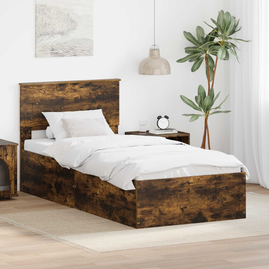 vidaXL Bedframe met hoofdeinde Gerookt eiken 90 x 200 cm Bewerkt hout afbeelding 1