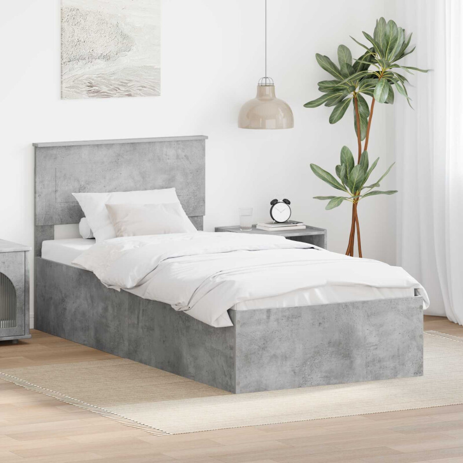 vidaXL Bedframe met hoofdeinde Beton Grijs 75 x 190 cm Bewerkt hout afbeelding 1