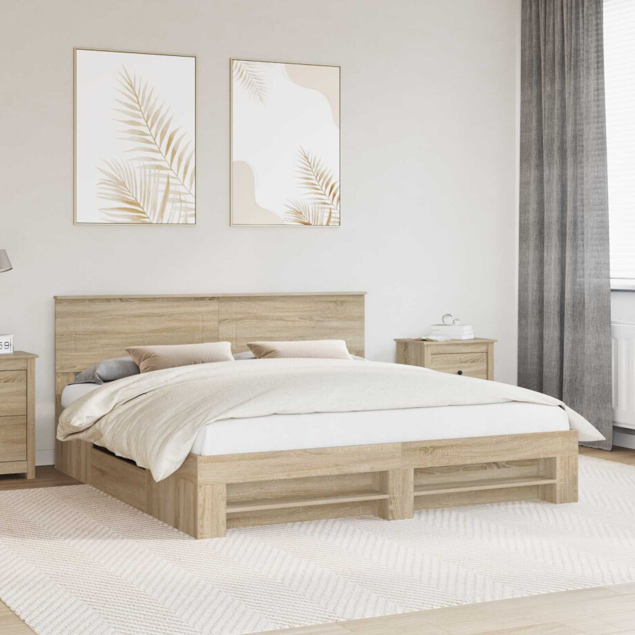 vidaXL Bedframe met hoofdeinde Sonoma Eiken 200 x 200 cm Bewerkt hout afbeelding 1