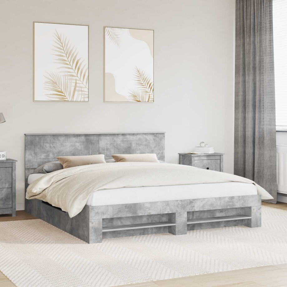 vidaXL Bedframe met hoofdeinde Beton Grijs 200 x 200 cm Bewerkt hout afbeelding 1
