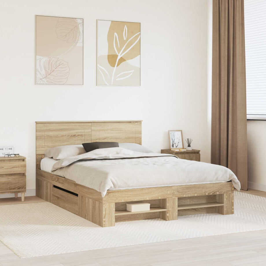 vidaXL Bedframe met hoofdeinde Sonoma Eiken 160 x 200 cm Bewerkt hout afbeelding 1