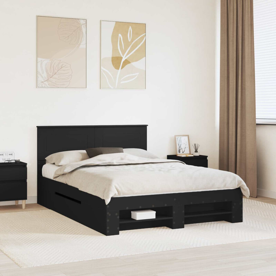vidaXL Bedframe met hoofdeinde Zwart 140 x 200 cm Bewerkt hout vidaXL Bedframe met hoofdeinde Zwart 140 x 200 cm Bewerkt hout afbeelding 1