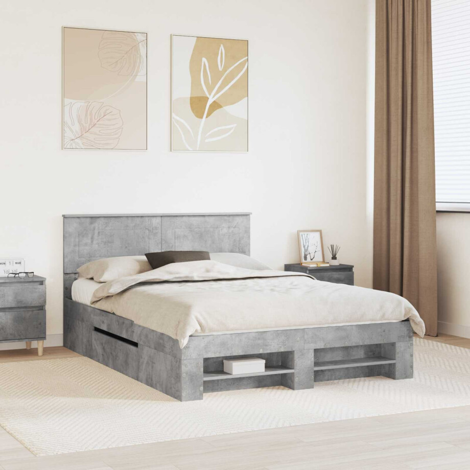 vidaXL Bedframe met hoofdeinde Beton Grijs 140 x 200 cm Bewerkt hout afbeelding 1
