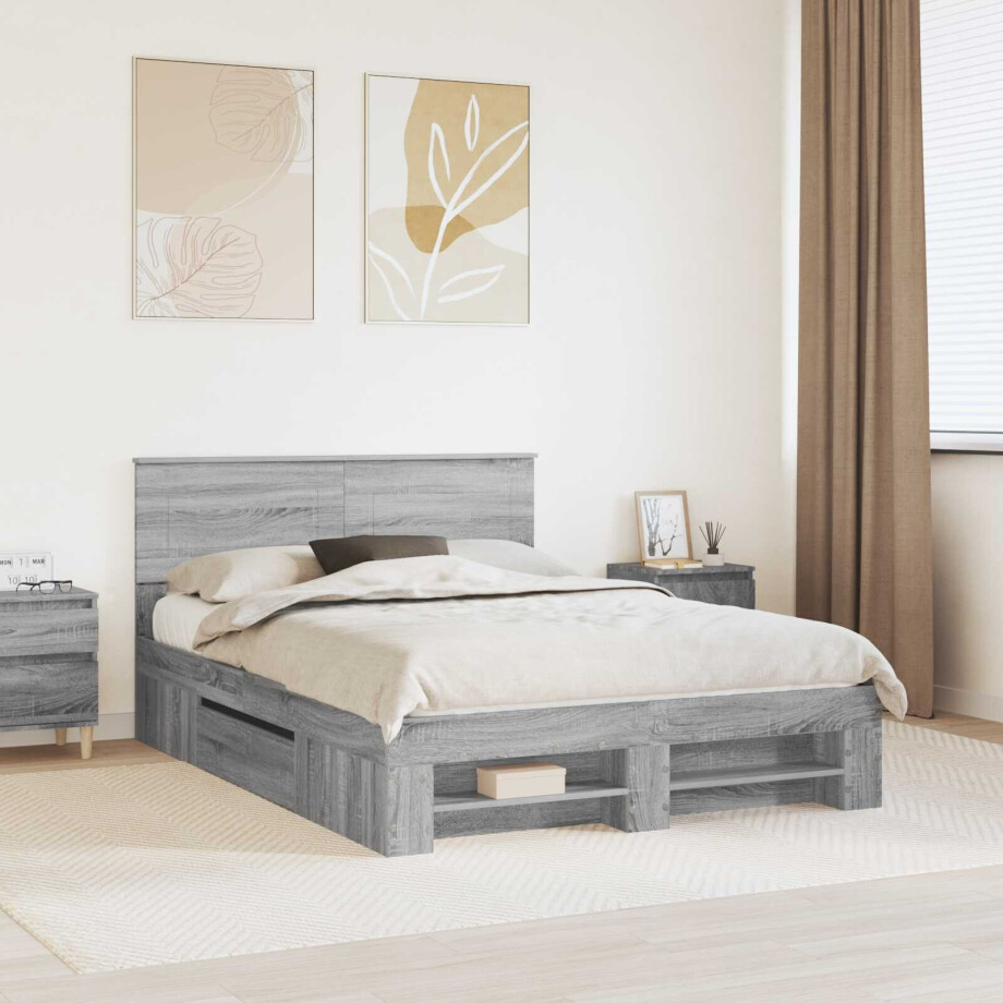 vidaXL Bedframe met hoofdeinde Grijs Sonoma 140 x 200 cm Bewerkt hout afbeelding 1