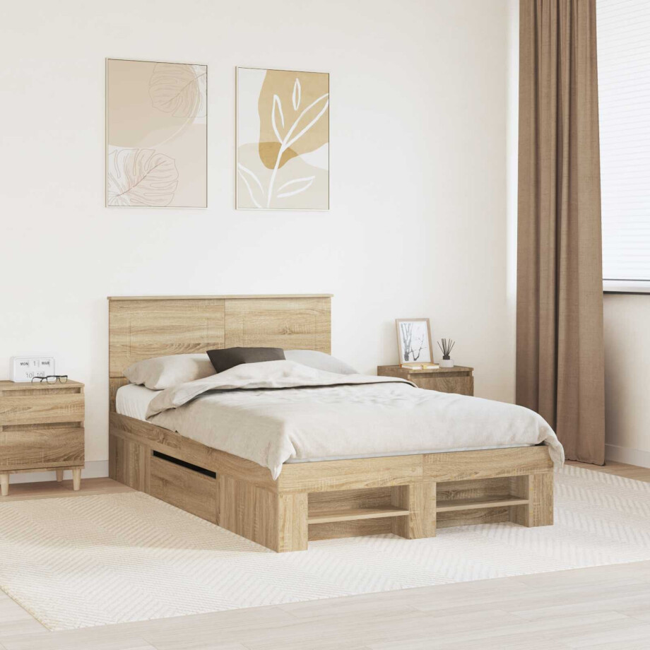 vidaXL Bedframe met hoofdeinde Sonoma Eiken 120 x 200 cm Bewerkt hout afbeelding 1