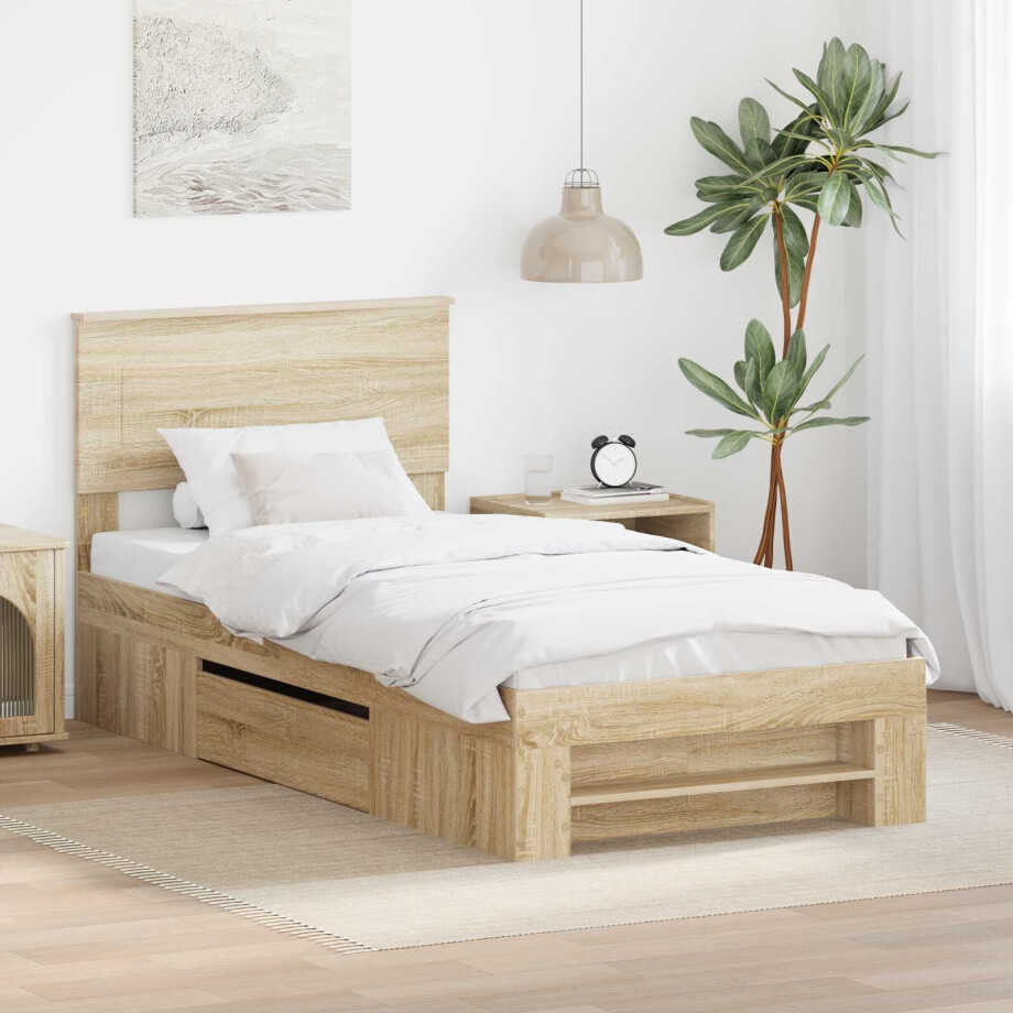 vidaXL Bedframe met hoofdeinde Sonoma Eiken 90 x 200 cm Bewerkt hout afbeelding 1