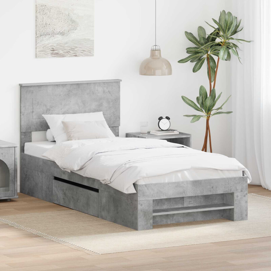 vidaXL Bedframe met hoofdeinde Beton Grijs 90 x 200 cm Bewerkt hout afbeelding 1