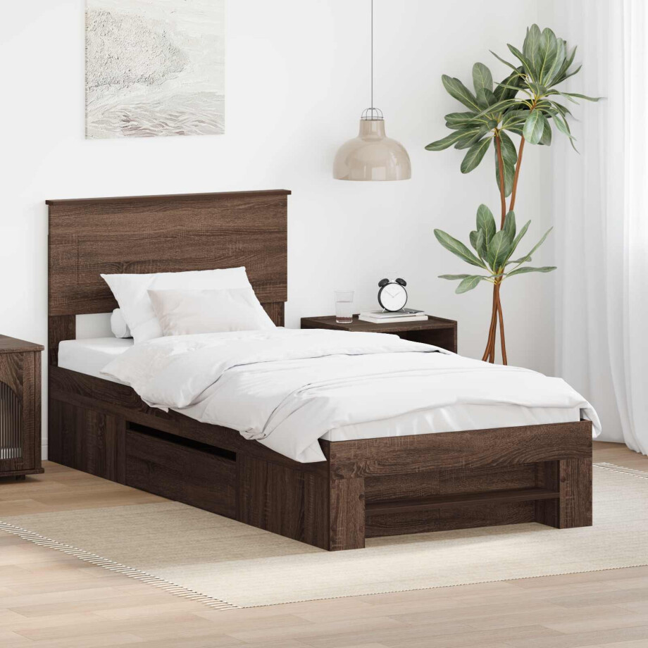 vidaXL Bedframe met hoofdeinde Bruin Eiken 90 x 200 cm Bewerkt hout vidaXL Bedframe met hoofdeinde Bruin Eiken 90 x 200 cm Bewerkt hout afbeelding 1