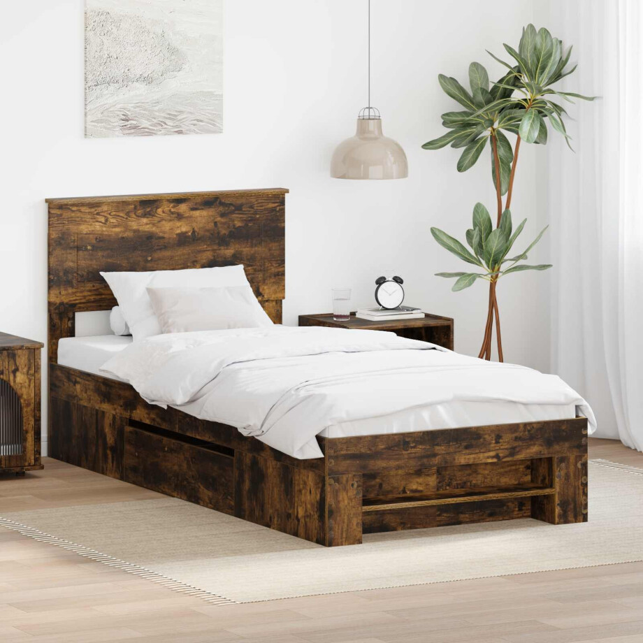 vidaXL Bedframe met hoofdeinde Gerookt eiken 80 x 200 cm Bewerkt hout afbeelding 1