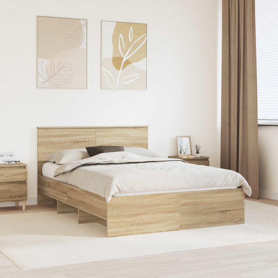 vidaXL Bedframe met hoofdeinde Sonoma Eiken 150 x 200 cm Bewerkt hout afbeelding 1
