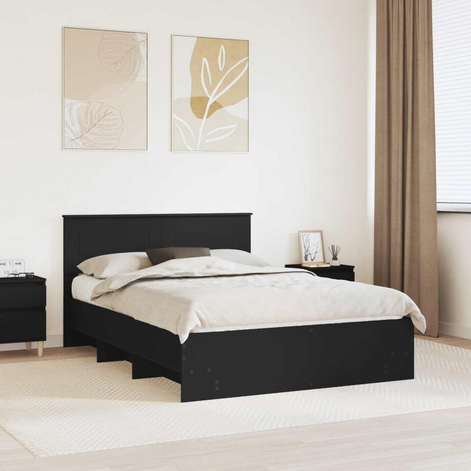 vidaXL Bedframe met hoofdeinde Zwart 140 x 200 cm Bewerkt hout afbeelding 1