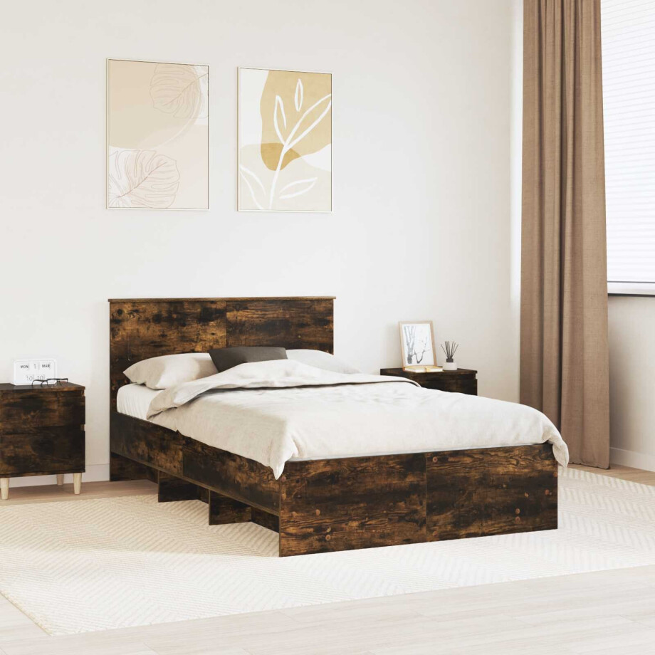 vidaXL Bedframe met hoofdeinde Gerookt eiken 120 x 123 cm Bewerkt hout vidaXL Bedframe met hoofdeinde Gerookt eiken 120 x 123 cm Bewerkt hout afbeelding 1